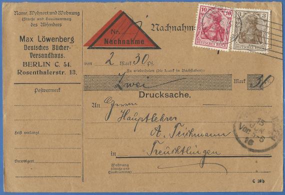 Cash on delivery card - Max Löwenberg, Deutsches Bücher-Versandhaus, Berlin, Rosenthalerstraße 13, - mailed June 14, 1916