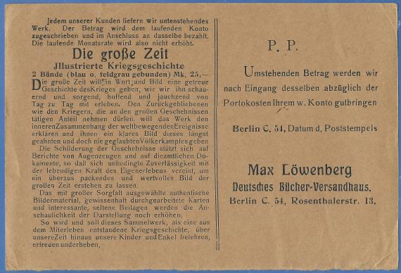 Nachnahme-Karte - Max Löwenberg, Deutsches Bücher-Versandhaus, Berlin, Rosenthalerstraße 13, - versandt am 14. Juni 1916 - Kartenrückseite - Werbung