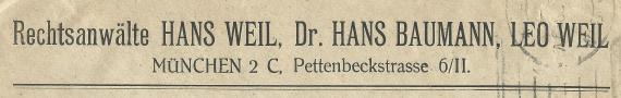 Briefumschlag - Rechtsanwälte Hans Weil, Dr. Hans Baumann, Leo Weil Briefumschlag der " Rechtsanwälte Hans Weil, Dr. Hans Baumann, Leo Weil " in München, - versandt am 12. Februar 1921 - Ausschnittvergrößerung Adresse