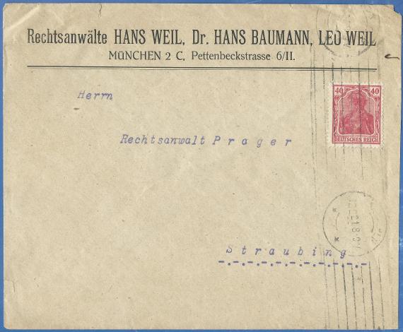 Briefumschlag der " Rechtsanwälte Hans Weil, Dr. Hans Baumann, Leo Weil " in München, - versandt am 12. Februar 1921