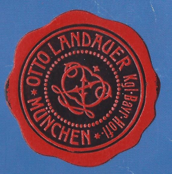 Vignette closure stamp of the " Königlich Bayerischen Hoflieferanten - Geschäft für Damenmoden - Otto Landauer " in Munich from the time around 1900 - 1920