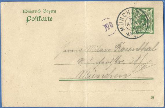 Postcard to Mr. Milan Rosenthal, Rumfordstrasse 31/II in Munich, - mailed April 28, 1910