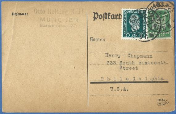 Postkarte geschäftlicher Art von  " Otto Helbing Nachfolger, München " - versandt nach Philadephia - U.S.A. am 24. Februar 1925