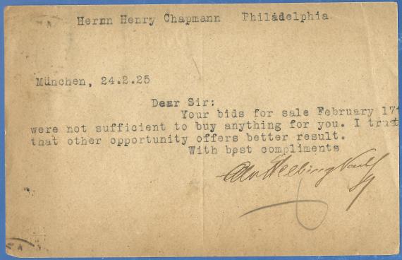 Postkarte - Otto Helbing Nachfolger Postkarte geschäftlicher Art von " Otto Helbing Nachfolger, München " - versandt nach Philadephia - U.S.A. am 24. Februar 1925 - Kartenrückseite
