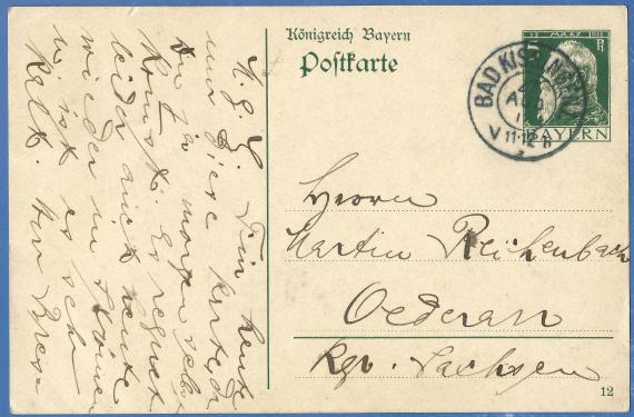 Postkarte privater Art an Herrn Martin Reichenbach in Oederan, - versandt am 27. August 1912