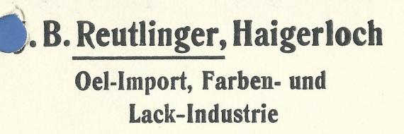 Business postcard - J. B. Reutlinger, Oel-Importe, Farben- und Lack-Industrie, Haigerloch, - mailed March 10, 1926 - detail enlargement company name