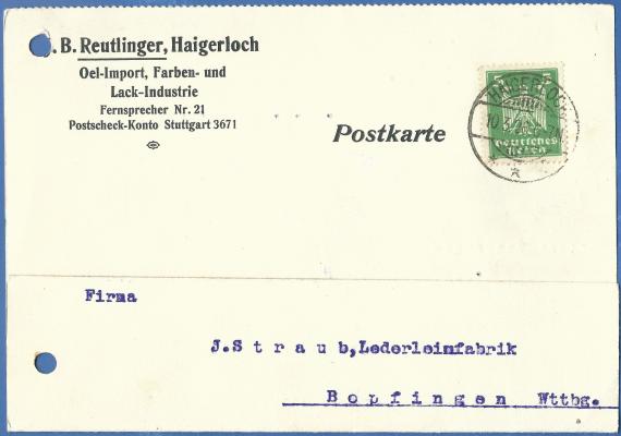 Business postcard - J. B. Reutlinger, Oel-Importe, Farben- und Lack-Industrie, Haigerloch, - mailed March 10, 1926