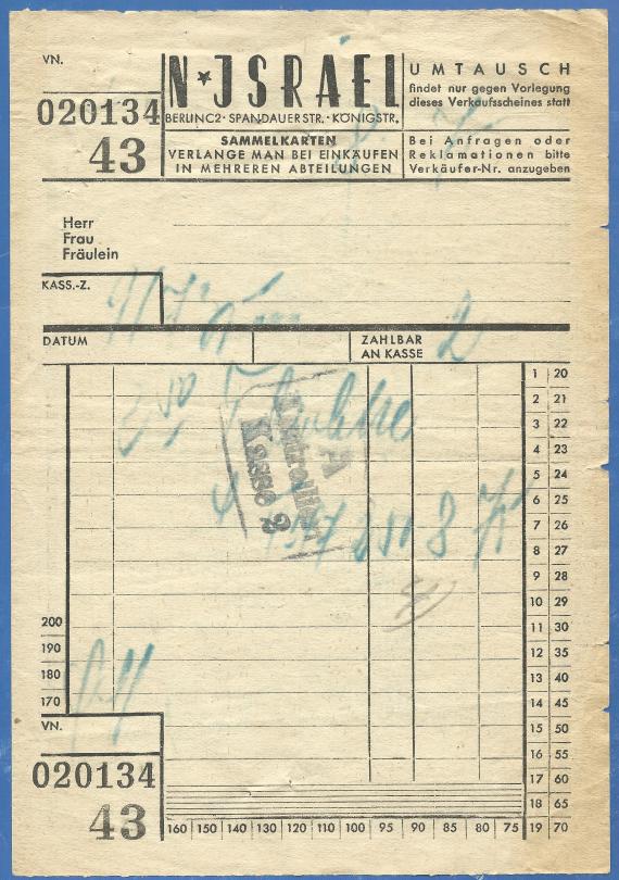 Einkaufsbeleg - Kassenbeleg - Kaufhaus N. Israel, - aus der Zeit um 1920 - 1930