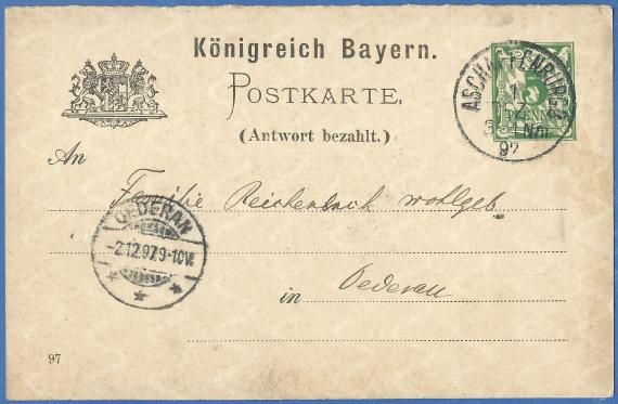 Postkarte - Danksagung von Rabbiner Dr. Bamberger an Familie Reichenbach in Oederan, - versandt am 1. Dezember 1897