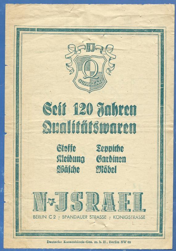 Einkaufsbeleg - Kassenbeleg - Kaufhaus N. Israel, - aus der Zeit um 1920 - 1930  -  Beleg-Rückseite