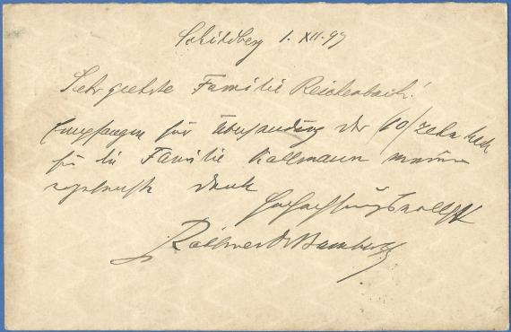 Postcard - Acknowledgement from Rabbi Dr. Bamberger to the Reichenbach family in Oederan, - mailed December 1, 1897 - back of card