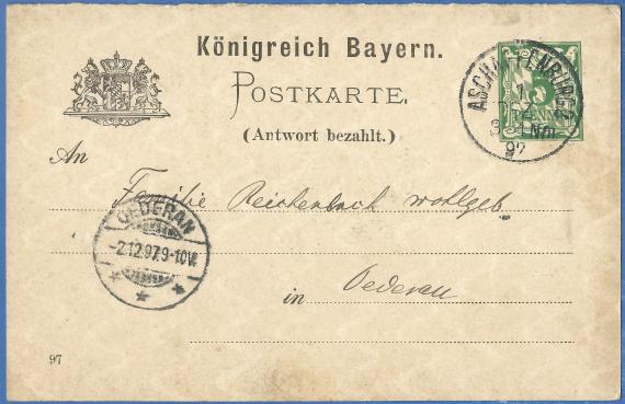 Postkarte - Danksagung von Rabbiner Dr. Bamberger in Schildberg, - versandt am 1. Dezember 1897