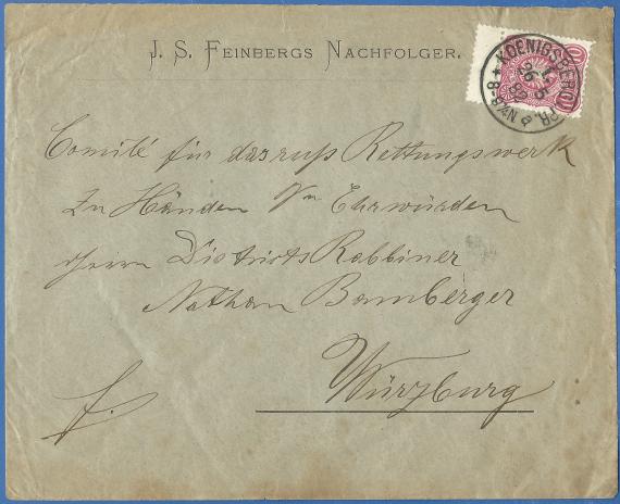 Briefumschlag - adressiert an - Comite für das russ. Rettungswerk - Zu Händen seiner Ehrwürden Herrn DistriktsRabbiner Nathan Bamberger in Würzburg  - versandt am 26. Mai 1882