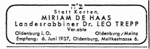 Das Bild zeigt die Verlobungsanzeige von Miriam de Haas und Landesrabbiner Dr. Leo Trepp in der CV-Zeitung vom 27. Mai 1937. Sie ist in Schwarz-Weiß abgebildet.