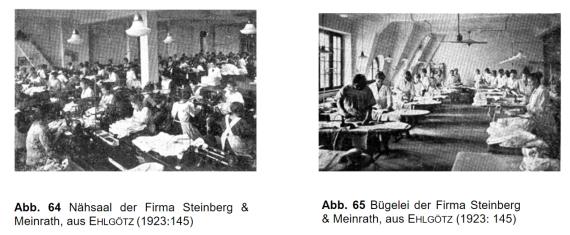 Sewing room and ironing room of the company Steinberg & Meinhardt Essen with workers at work.