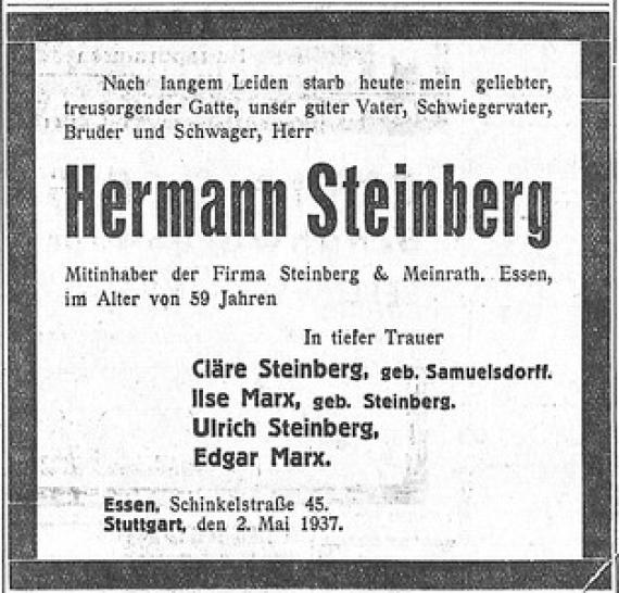 Traueranzeige für den Mitinhaber der Firma Steinberg und Meinhardt - Hermann Steinberg vom 2.5.1937. Verstorben im Alter von 59 Jahren nach langem Leiden, trauernde Cläre Steinberg geb. Samuelsdorff, Ilse Marx geb. Steinberg, Ulrich Steinberg, Edgar Marx.