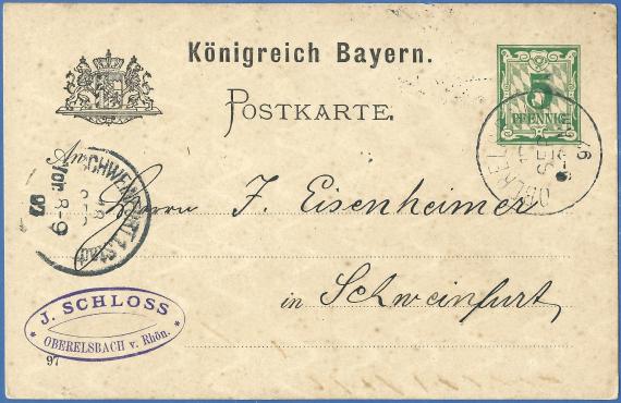 Postkarte geschäftlicher Art, versandt von Israel Schloss aus Oberelsbach am 17. September 1897