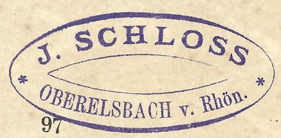 Postkarte geschäftlicher Art, versandt von Israel Schloss aus Oberelsbach am 17. September 1897  -  Ausschnittvergrößerung Firmenstempel