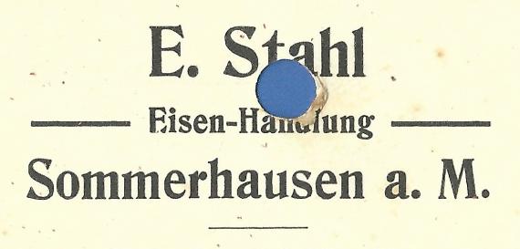 Geschäftspostkarte der " Eisenhandlung E. Stahl " in Sommerhausen, - versandt am 2. November 1913  - Ausschnittvergrößerung Firmennamen