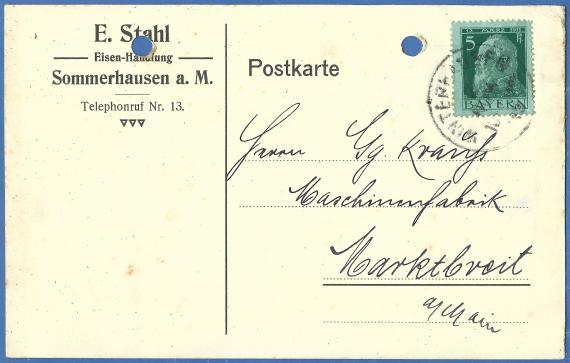 Geschäftspostkarte der " Eisenhandlung E. Stahl " in Sommerhausen, - versandt am 2. November 1913  