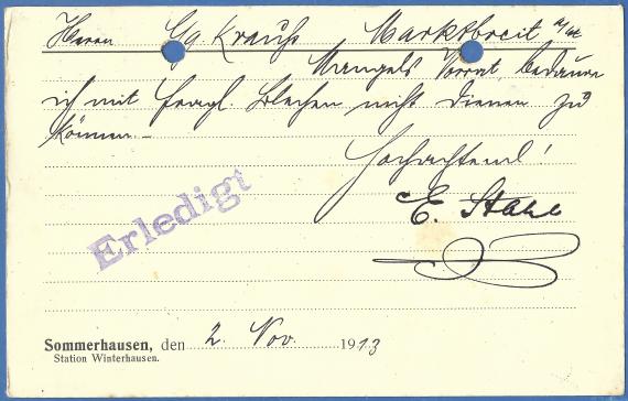 Geschäftspostkarte der " Eisenhandlung E. Stahl " in Sommerhausen, - versandt am 2. November 1913  -  Kartenrückseite