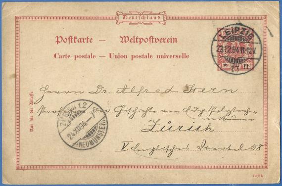Postkarte - Dr. Alfred Stern Postkarte an Herrn Dr. Alfred Stern, Professor der Geschichte am eidgenössischen Polytechnikum in Zürich, - versandt am 23. Dezember 1894