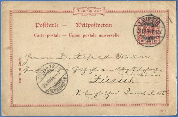 Postcard to Dr. Alfred Stern, Professor of History at the Swiss Federal Polytechnic in Zurich, - mailed on December 23, 1894