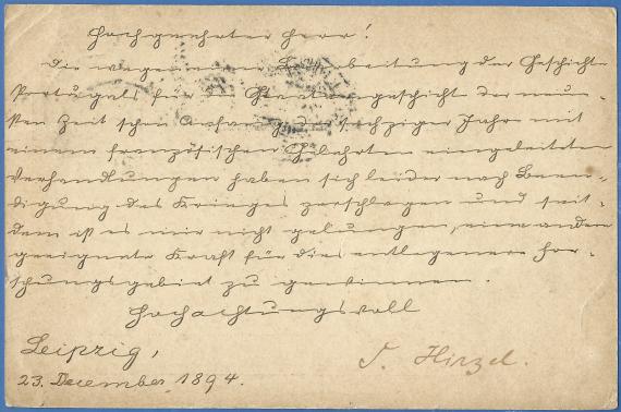 Postkarte - Dr. Alfred Stern Postkarte an Herrn Dr. Alfred Stern, Professor der Geschichte am eidgenössischen Polytechnikum in Zürich, - versandt am 23. Dezember 1894 - Kartenrückseite