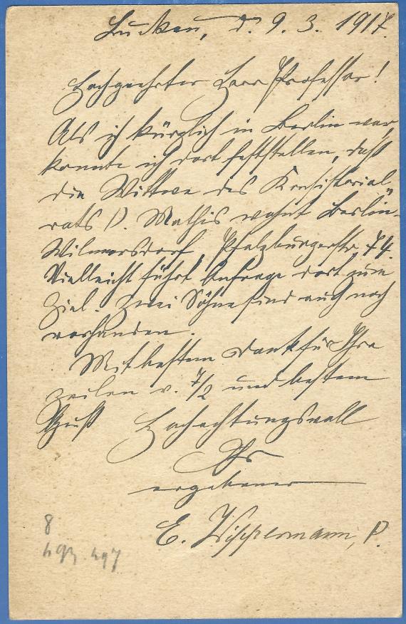 Postkarte - Professor Alfred Stern Postkarte privater Art an Herrn Professor Alfred Stern in Zürich, - versandt am 10. März 1917 - Kartenrückseite
