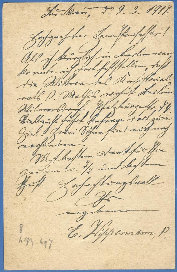 Postcard of private nature to Professor Alfred Stern in Zurich, - mailed March 10, 1917 - back of card