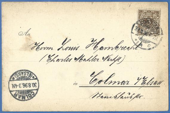 Business postcard - notice of visit to " Möbelfabrik L. Jacob Mendelsohn & Comp. " in Dresden, - mailed August 29, 1896