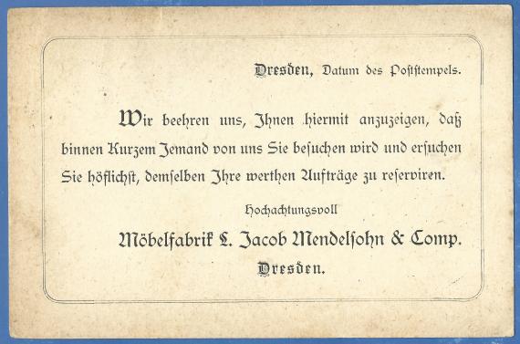 Business postcard - notice of visit to " Möbelfabrik L. Jacob Mendelsohn & Comp. " in Dresden, - mailed August 29, 1896 - back of card