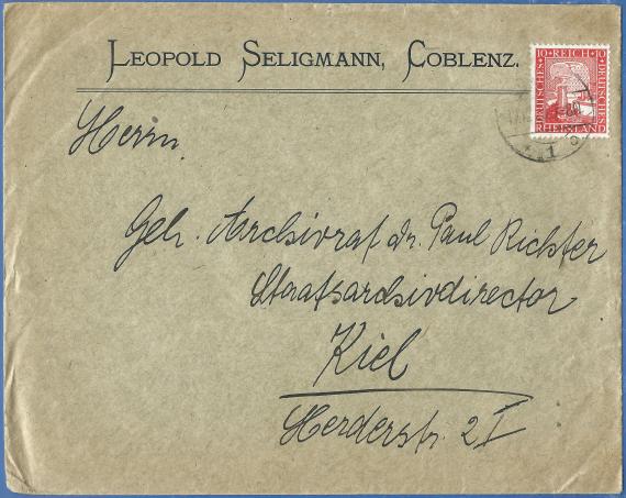 Briefumschlag von Leopold Seligmann, Coblenz, - versandt am 17. Dezember 1925  