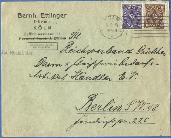 Business envelope " Bernhard Ettlinger, casings, Cologne, Kyffhäuserstraße 41 ", - mailed on February 5, 1923