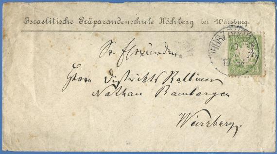 Envelope of the Israelitische Präparandenschule Höchberg, - sent to His Honor Mr. Distiktsrabbiner Nathan Bamberger in Würzburg around 1876