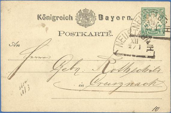 Postkarte geschäftlicher Art an " Herrn Gebr. Rothschild " in Creuznach, - versandt am 2. Januar 1878