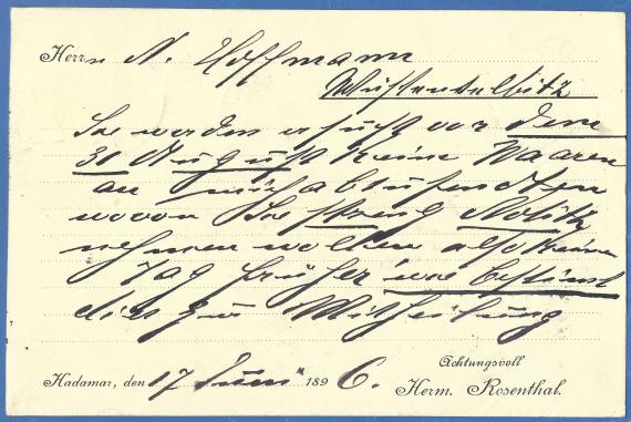 Postcard of business nature from Hermann Rosenthal, - mailed June 18, 1896 - back of card