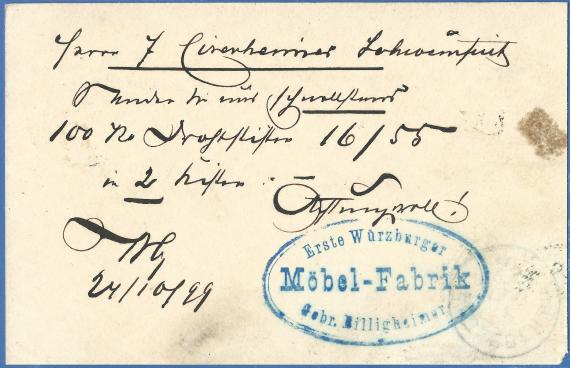 Postkarte geschäftlicher Art  - " Erste Würzburger Möbelfabrik Gebrüder Billigheimer ", - versandt am 24. Oktober 1899  - Kartenrückseite