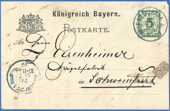 Postkarte geschäftlicher Art  - " Erste Würzburger Möbelfabrik Gebrüder Billigheimer ", - versandt am 24. Oktober 1899  