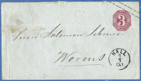 Envelope addressed to Mr. Salomon Scheuer in Worms, - mailed around 1871