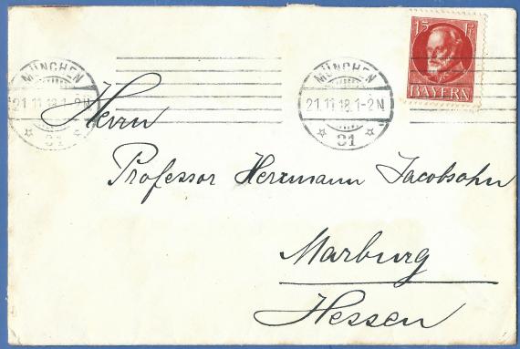 Envelope - addressed to Professor Hermann Jacobsohn in Marburg, - mailed on November 21, 1918