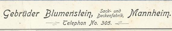 Geschäftspostkarte der Sack- und Deckenfabrik Gebrüder Blumenstein in Mannheim, - versandt am 15. Oktober 1899 - Ausschnittvergrößerung Firmenanschrift