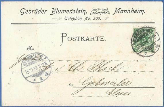 Business postcard of the Gebrüder Blumenstein sack and blanket factory in Mannheim, - mailed on October 15, 1899