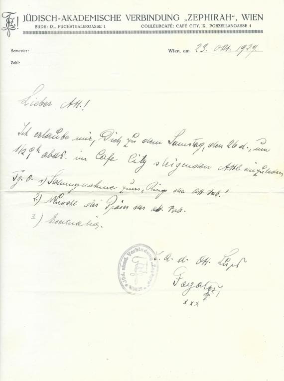 Invitation Letter - Jewish - Academic Connection Zephyra Vienna, - sent on October 23, 1929