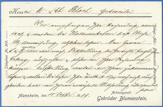 Business postcard of the Gebrüder Blumenstein sack and blanket factory in Mannheim, - mailed on October 15, 1899 - back of card