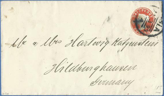 Envelope addressed to Mr. & Mrs. Hartwig Katzenstein in Hildburghausen, - mailed in England in March 1893 - arrived in Hildesheim on March 13, 1893