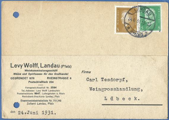 Geschäftspostkarte von Levy Wolff, Weinkommissionsgeschäft, Weine und Spirituosen für den Großhandel in Landau - versandt am 24. Juni 1931 