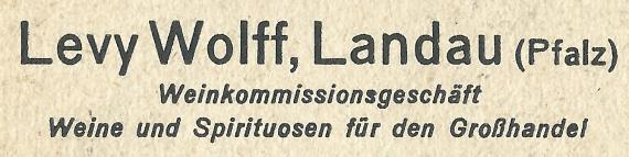 Geschäftspostkarte von Levy Wolff, Weinkommissionsgeschäft, Weine und Spirituosen für den Großhandel, - versandt am 24. Juni 1931 - Ausschnittvergrößerung Firmenzeile