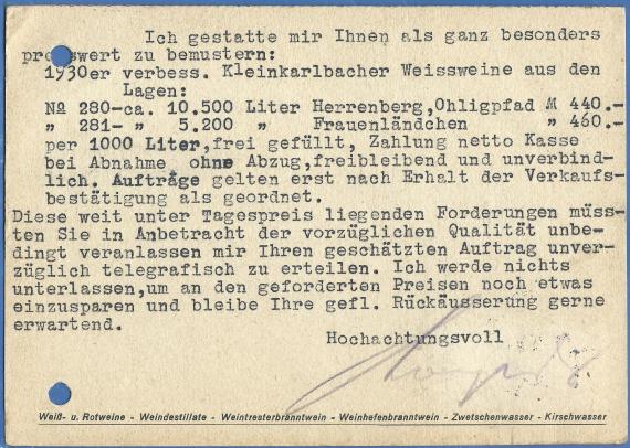 Geschäftspostkarte von Levy Wolff, Weinkommissionsgeschäft, Weine und Spirituosen für den Großhandel in Landau - versandt am 24. Juni 1931 - Kartenrückseite