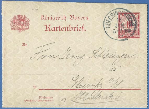 Kartenbrief an Frau Jenny Schlesinger in Gleiwitz, Klosterstraße 6, - versandt am 16. Juni 1899